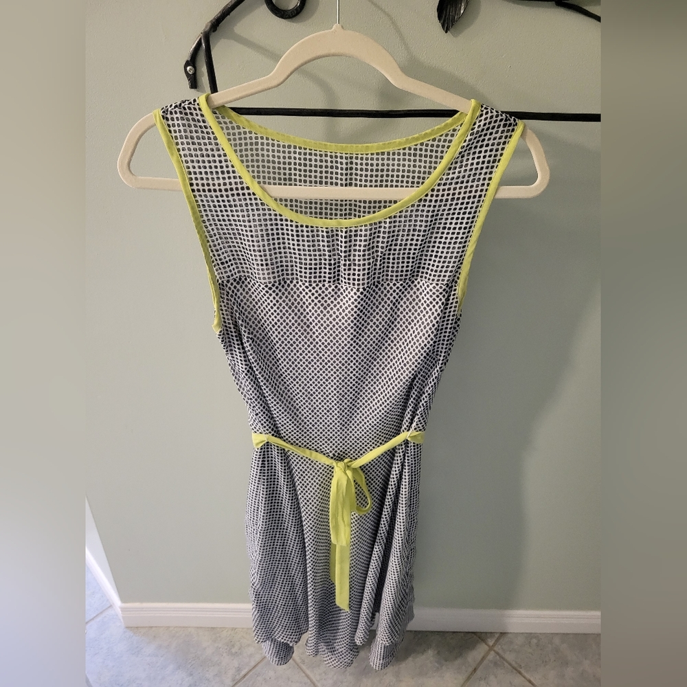 Laura polka dot semi-sheer midi dress w/ lime green trim & belt, size 8